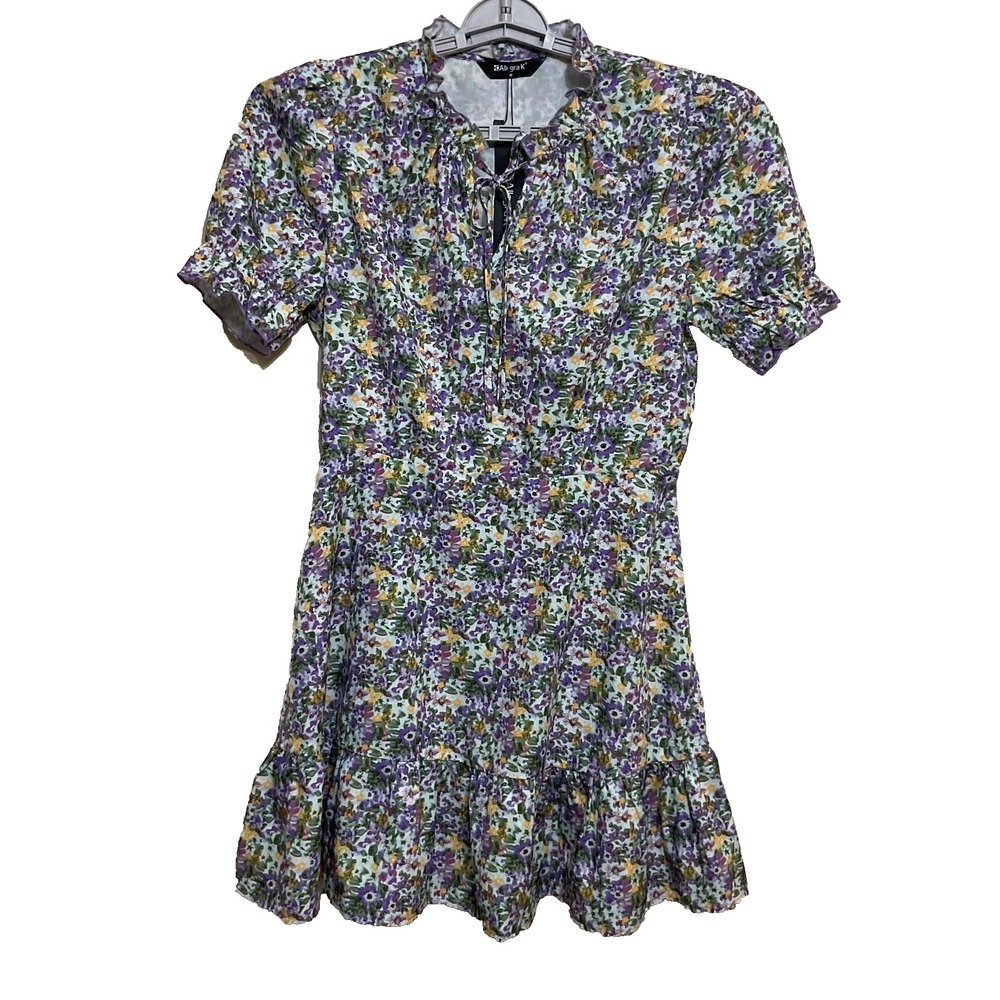 Allegra Ruffle floral Chiffon Tie Neck Puff Short‎ Sleeve women's smoke dress M
